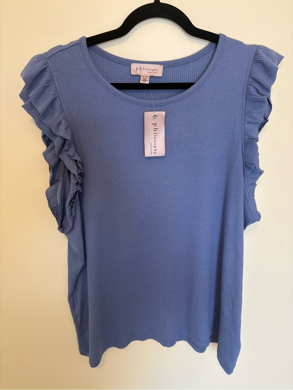 New With Tags Philosophy Periwinkle Blue Ruffle-Sleeve Ribbed Tank Top Size 2X